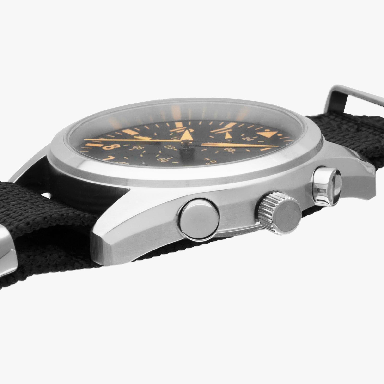 Close-up of a silver watch with black strap and orange accents on a white background