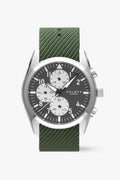 Wristwatch with green strap and silver case on a white background