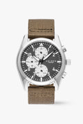 Watch with brown strap and black dial on a white background