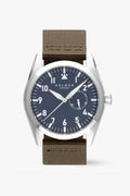 Wristwatch with a brown strap and blue dial on a white background