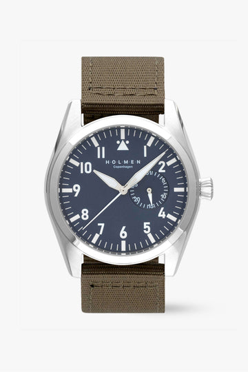 Wristwatch with a brown strap and blue dial on a white background