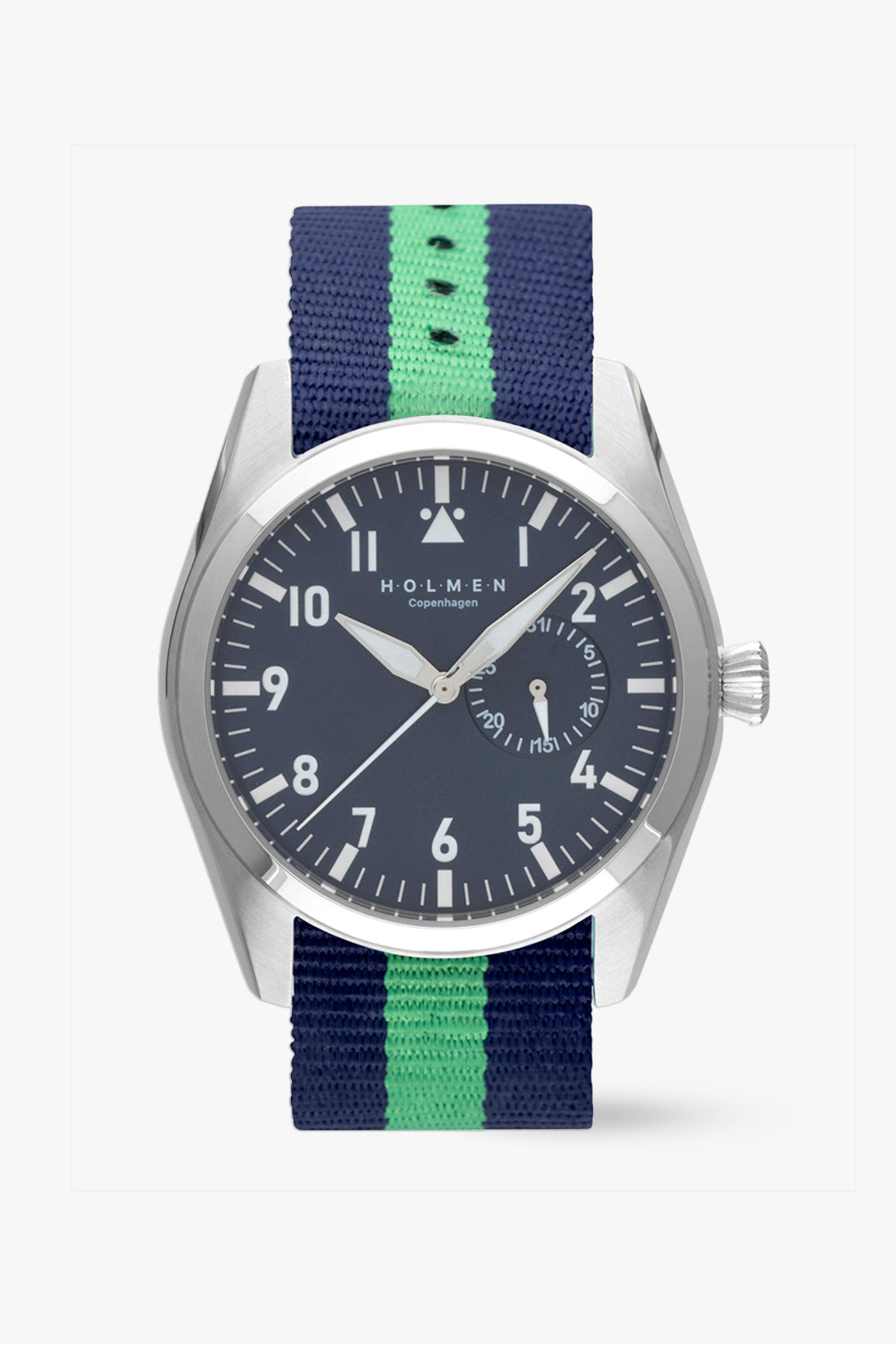 Watch with a blue and green strap on a white background