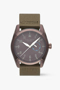 Watch with brown strap and dark face on a white background