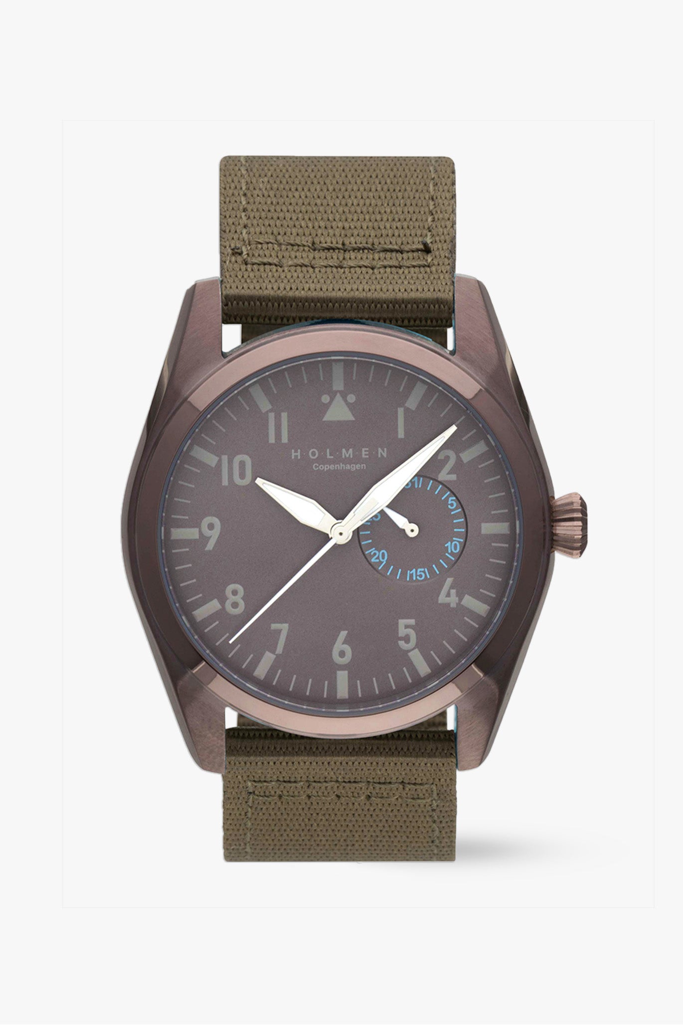 Watch with brown strap and dark face on a white background