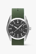 #Green strap and black dial on a white background