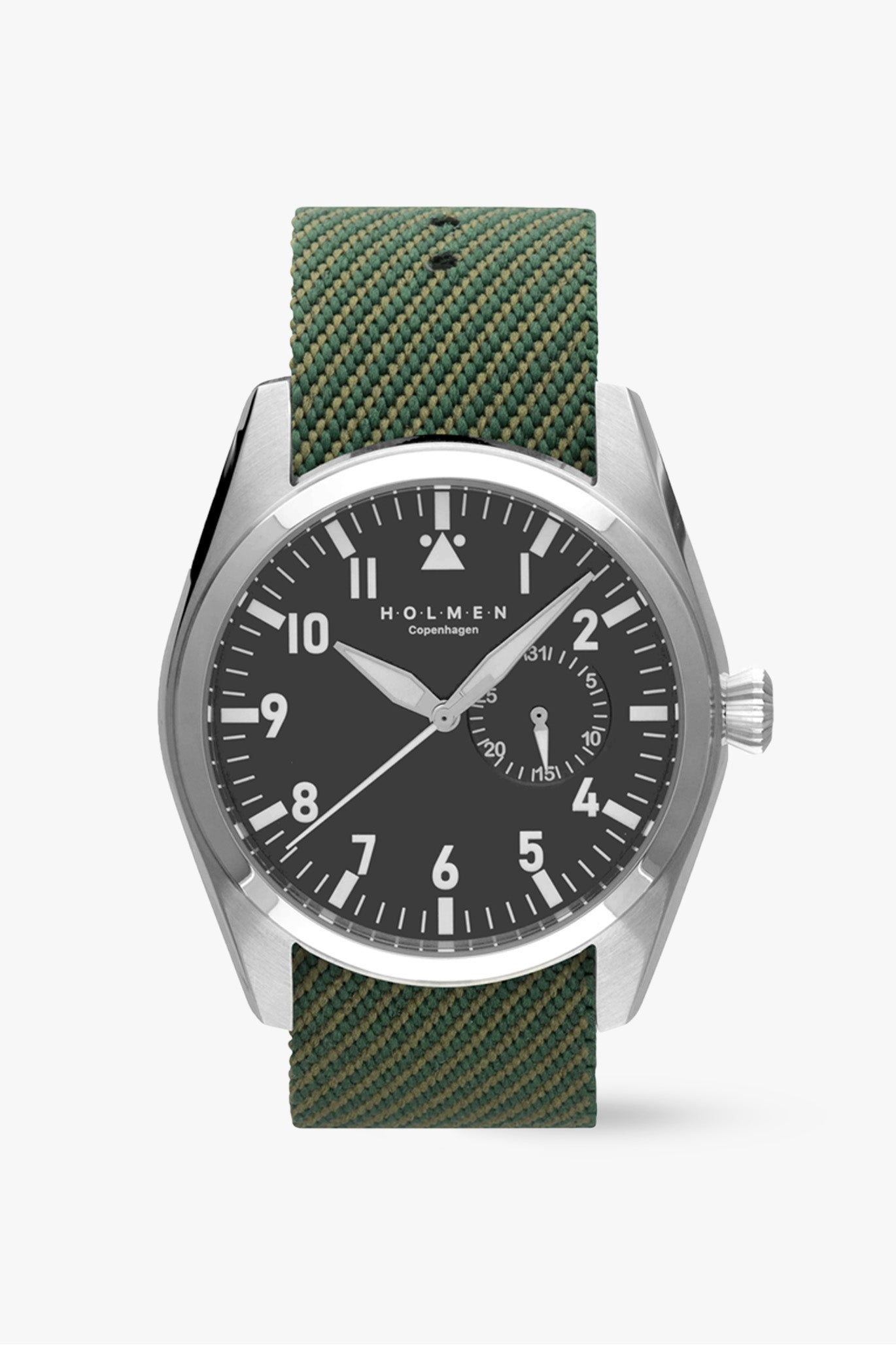 #Green strap and black dial on a white background