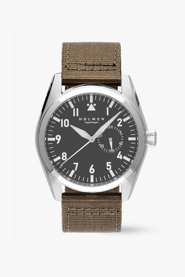 #Khaki strap and black dial on a white background