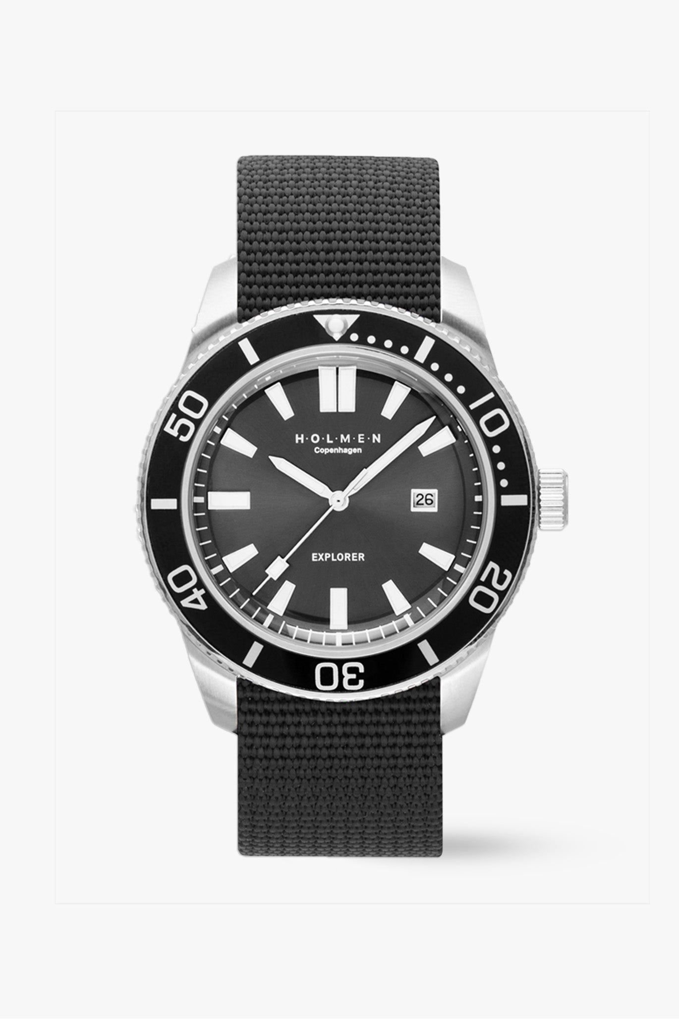 Black watch with a detailed face on a white background