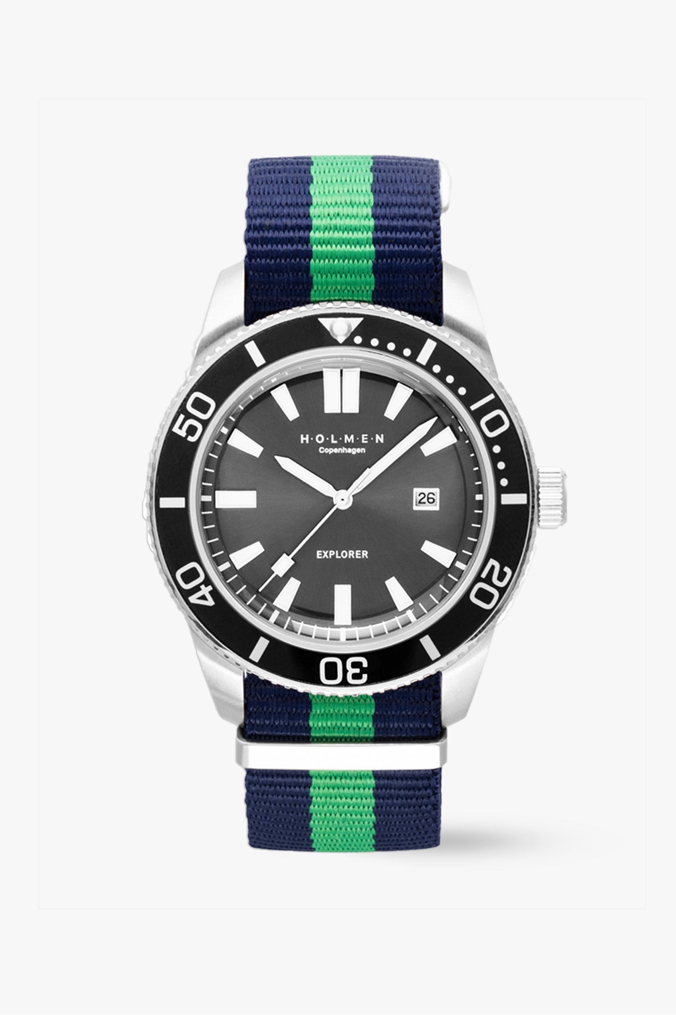 Watch with a black dial and blue and green striped strap on a white background
